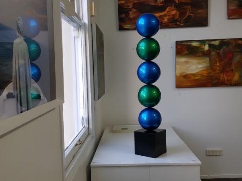 Bonsai Tree Spheres in blue shades in Black Asterisk Gallery, Auckland