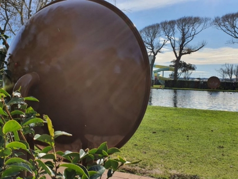 Sound Mirrors installed opposite each other across lake in King Edward Park, Hawera
