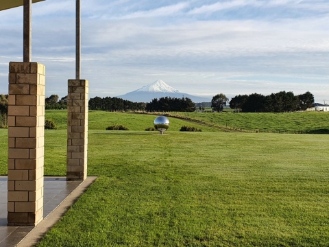 Garden sculpture, one metre stainless steel sphere, set in private residence overlooked by Mt Taranaki, NZ